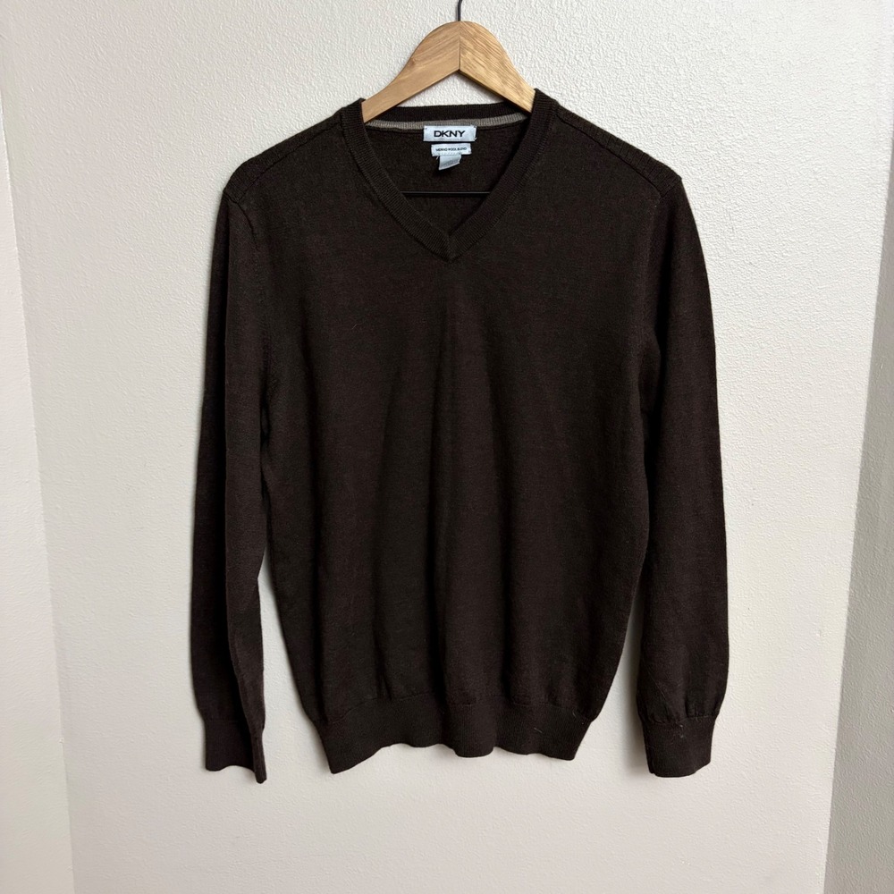 DKNY V-Neck Sweater Large Brown Merino Wool Blend Minimalist Dark Academia